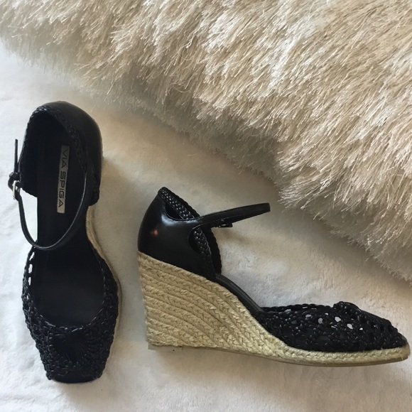 VIA SPIGA BLACK LEATHER WEDGES - Picture 2 of 7